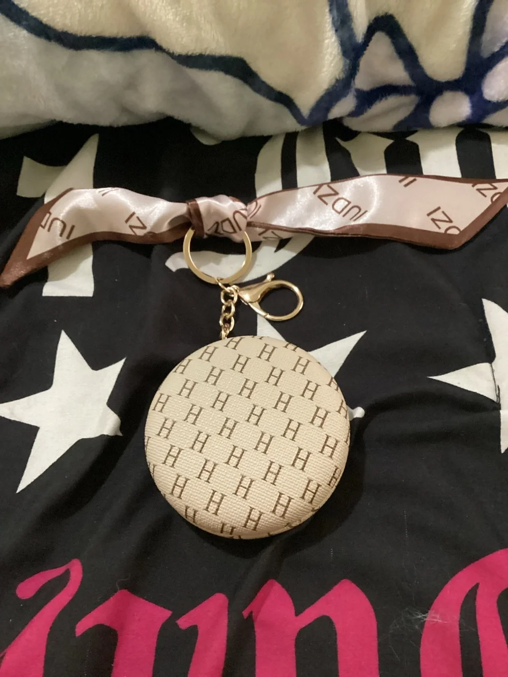 Beige Monogram Round mirror bag charm